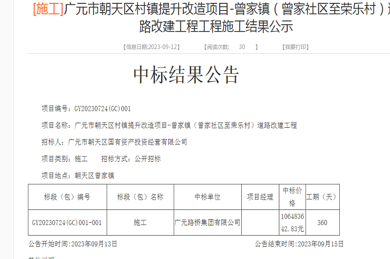 喜報(bào):路橋集團(tuán)中標(biāo)廣元市朝天區(qū)村鎮(zhèn)提升改造項(xiàng)目-曾家鎮(zhèn)(曾家社區(qū)至榮樂(lè)村)道路改建工程